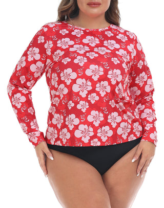 Red Hibiscus Plus Size Rash Guard Long Sleeve in Red Hibiscus