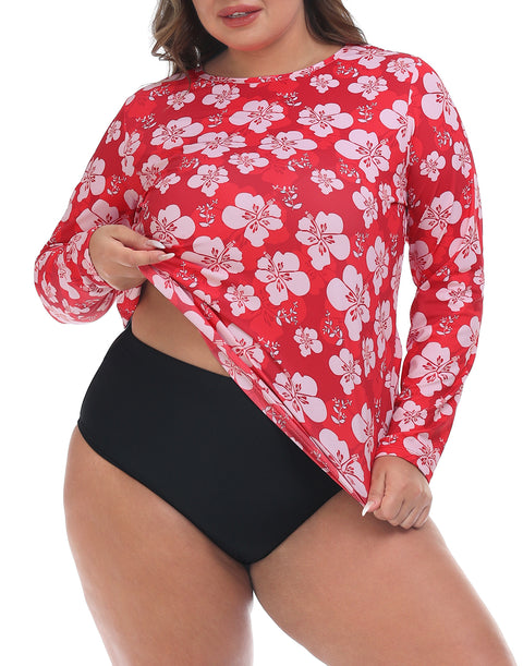 Red Hibiscus Plus Size Long Sleeve Rash Guard for Women