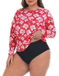 Red Hibiscus Plus Size Long Sleeve Rash Guard for Women