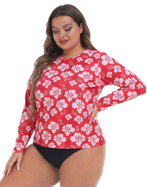Red Hibiscus Plus Size Long Sleeve Rash Guard for Women
