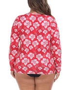 Red Hibiscus Plus Size Long Sleeve Rash Guard for Women