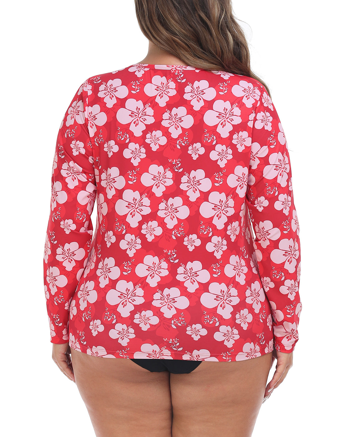 Red Hibiscus Plus Size Long Sleeve Rash Guard for Women