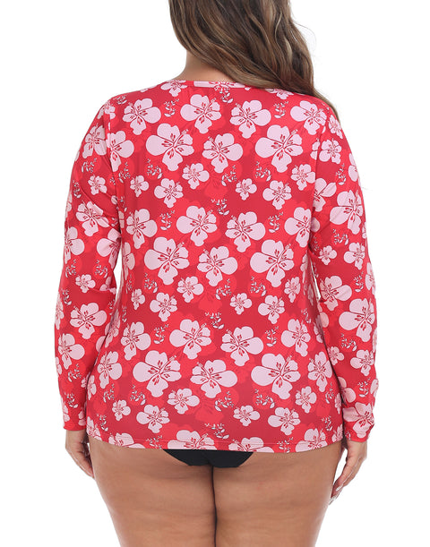 Red Hibiscus Plus Size Long Sleeve Rash Guard for Women
