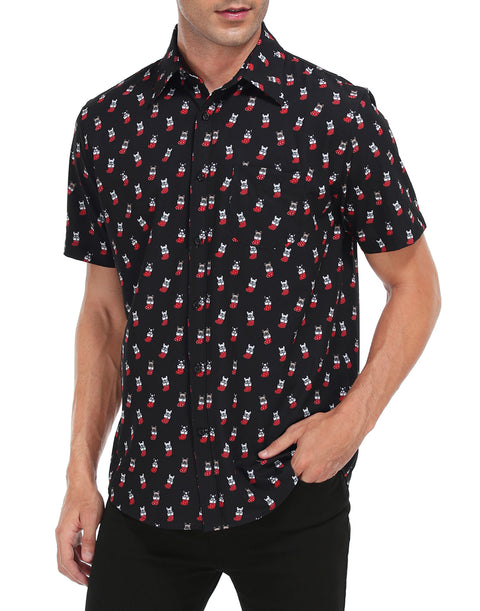 Dog Stockings Hawaiian Christmas Button Down Short Sleeve Shirts