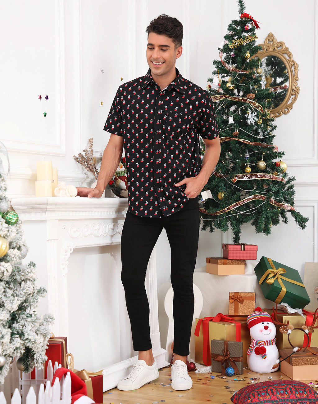 Dog Stockings Hawaiian Christmas Button Down Short Sleeve Shirts