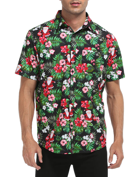 Tropical Santa Hawaiian Christmas Button Down Short Sleeve Shirts