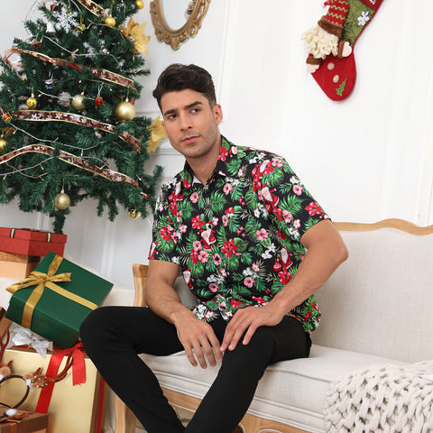 Tropical Santa Hawaiian Christmas Button Down Short Sleeve Shirts