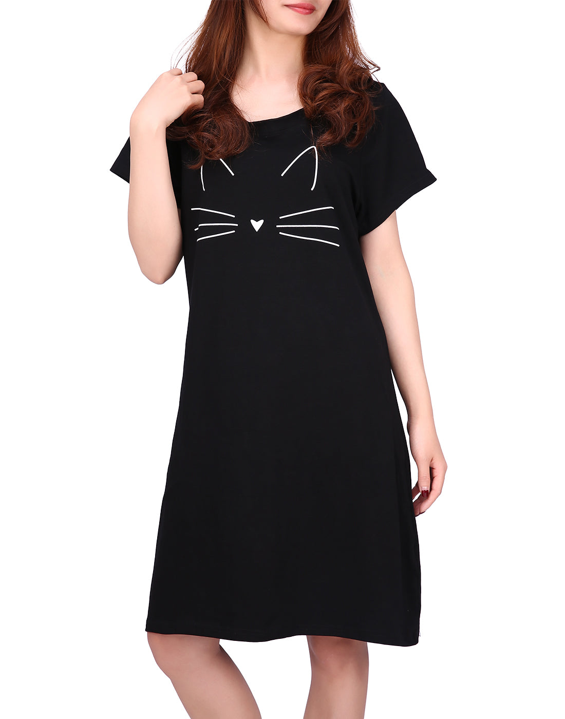 Cute Cat Short Sleeve Sleep Dress Women's in Black