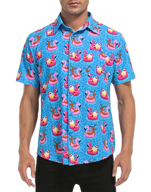 Pool Santa Hawaiian Christmas Button Down Short Sleeve Shirts