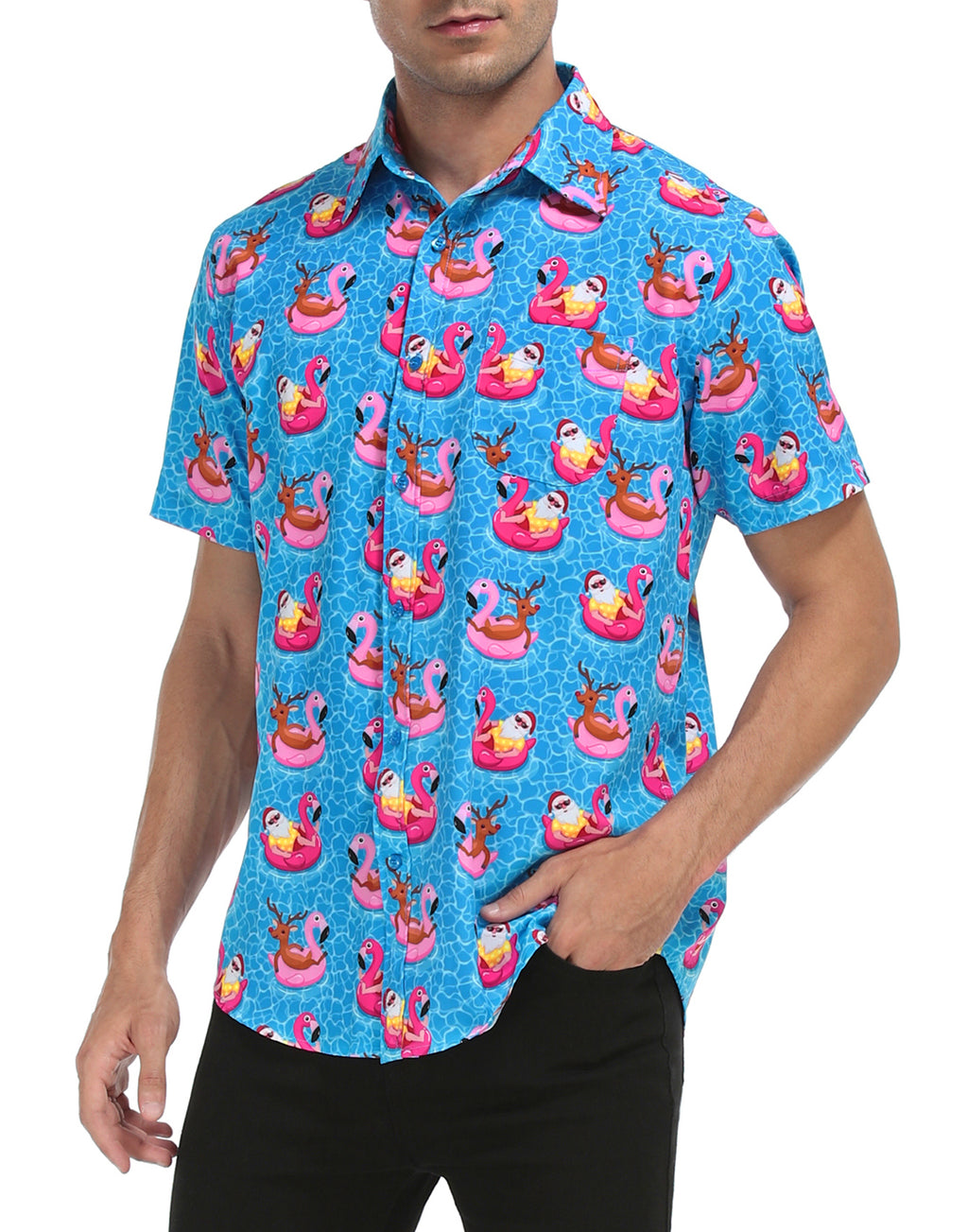 Pool Santa Hawaiian Christmas Button Down Short Sleeve Shirts