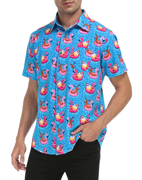 Pool Santa Hawaiian Christmas Button Down Short Sleeve Shirts