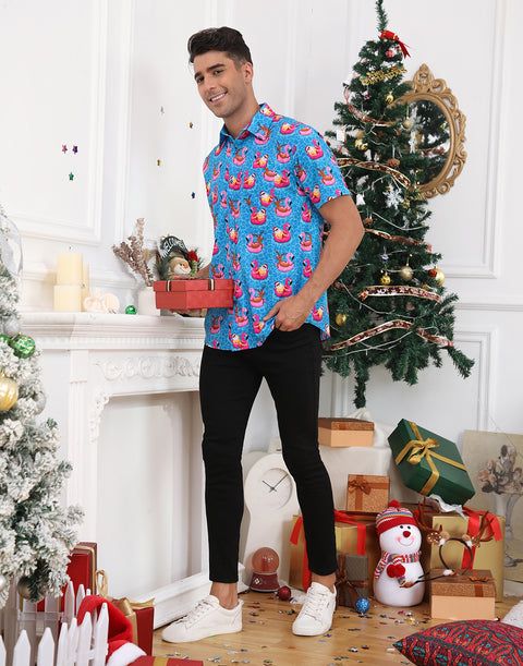 Pool Santa Hawaiian Christmas Button Down Short Sleeve Shirts