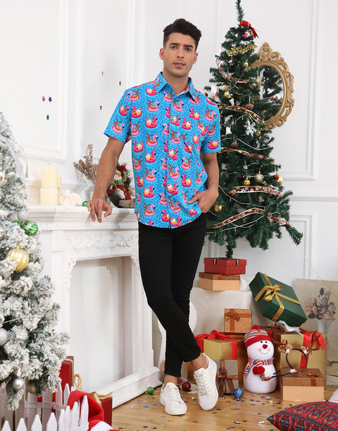Pool Santa Hawaiian Christmas Button Down Short Sleeve Shirts