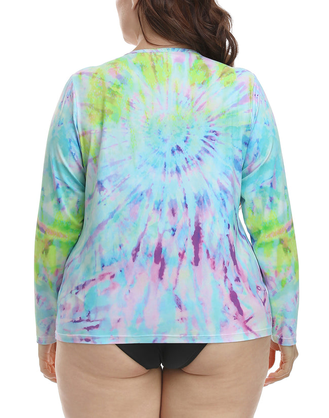 Tie Dye Plus Size Rash Guard UPF 50 Swim Top – close-up detail