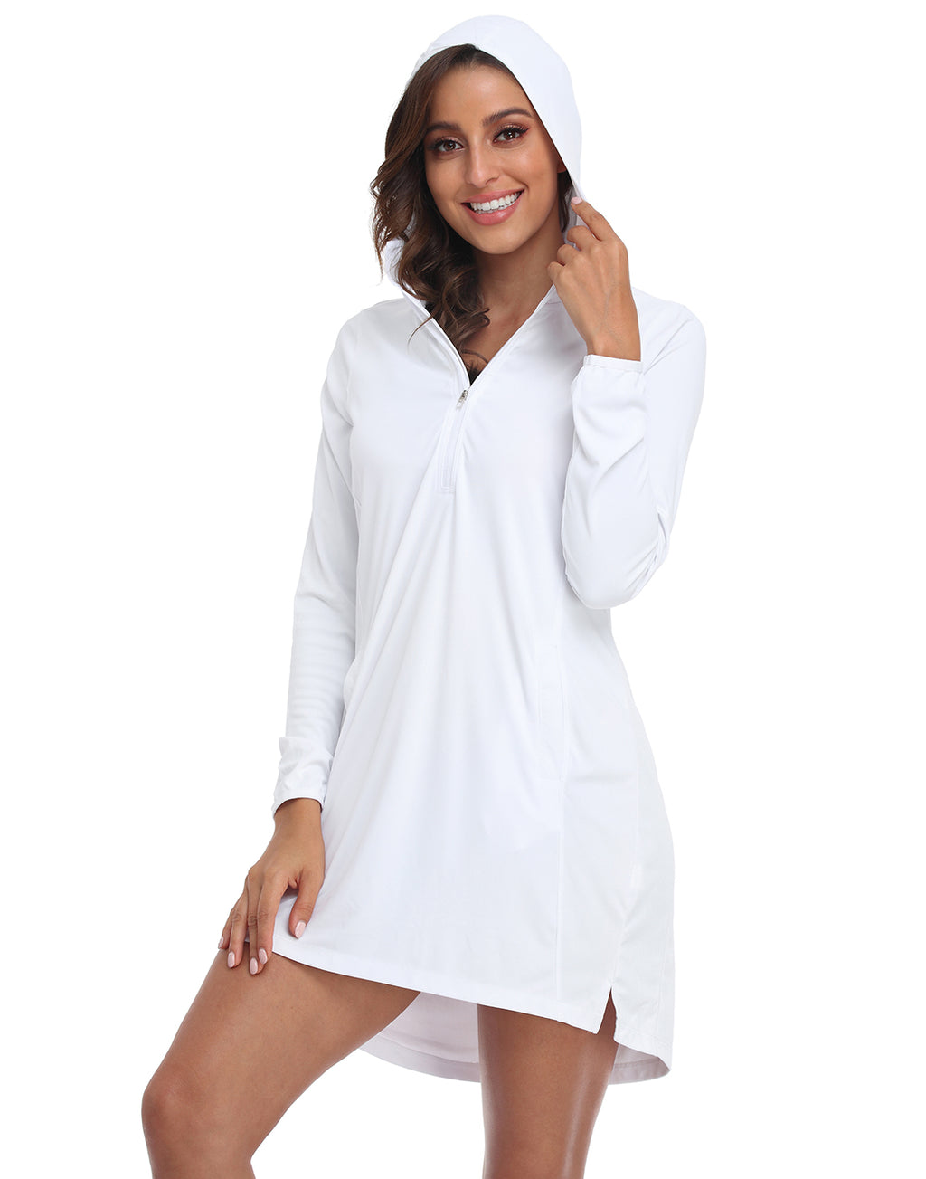 White Beach Coverup Long Sleeve Swim Dress with Hood