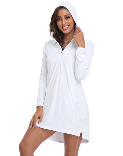 White Beach Coverup Long Sleeve Swim Dress with Hood