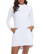 White Beach Coverup Long Sleeve Swim Dress with Hood