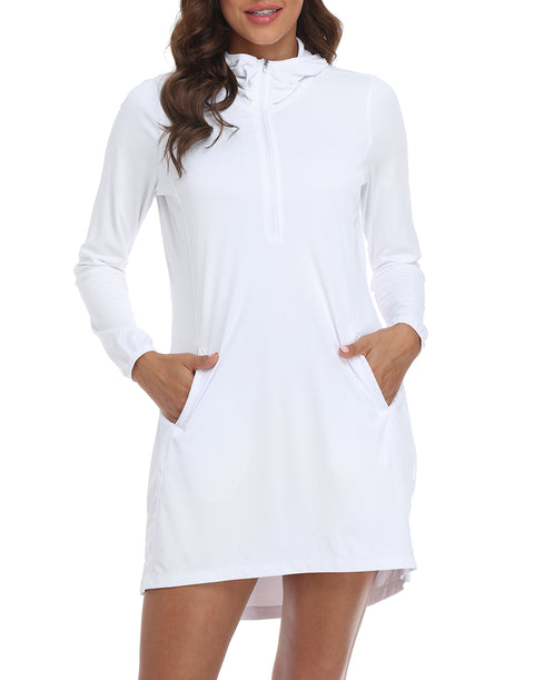 White Beach Coverup Long Sleeve Swim Dress with Hood