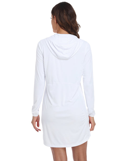 White Beach Coverup Long Sleeve Swim Dress with Hood