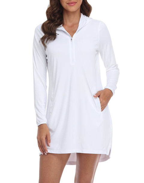 White Beach Coverup Long Sleeve Swim Dress with Hood