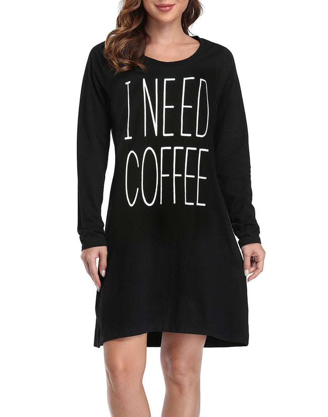 Need Coffee Cotton Nightgown Long Sleeve – close-up detail