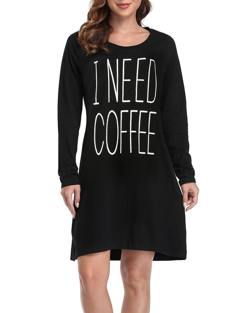 Need Coffee Long Sleeve Sleepwear Cotton Nightgown Sleepshirt