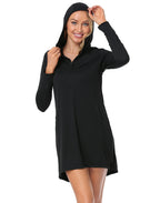 Black Beach Coverup Long Sleeve Swim Dress with Hood