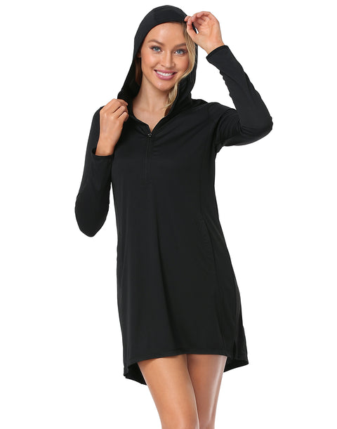 Black Beach Coverup Long Sleeve Swim Dress with Hood