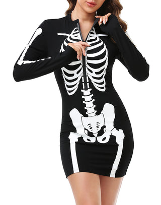Skeleton Dress Halloween Costume Long Sleeve in Black