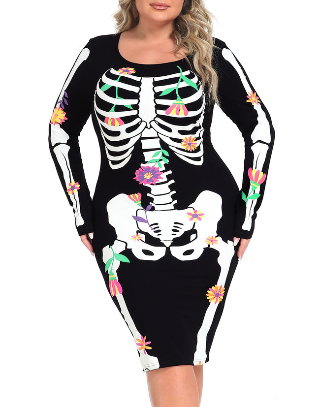 Plus Size Skeleton Dress Halloween Costume in Day of the Dead Floral