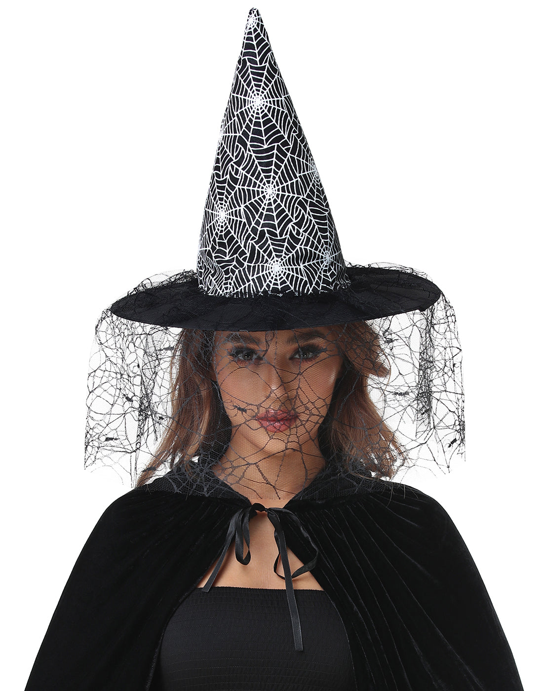 Witch Hat with Spider Web Lace Veil Adult – back view