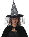 Adult Witch Hat Halloween Costume Accessory with Spider Web Lace Veil