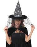 Adult Witch Hat Halloween Costume Accessory with Spider Web Lace Veil