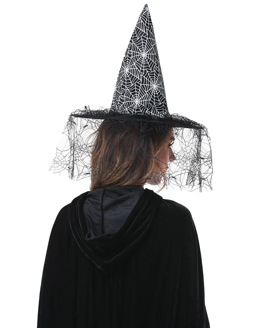 Adult Witch Hat Halloween Costume Accessory with Spider Web Lace Veil