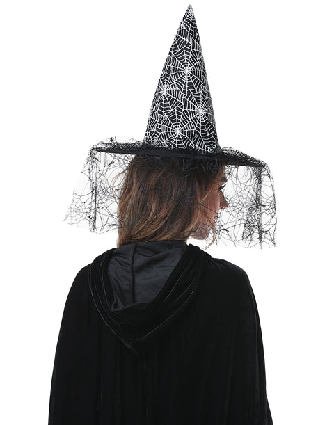 Adult Witch Hat Halloween Costume Accessory with Spider Web Lace Veil