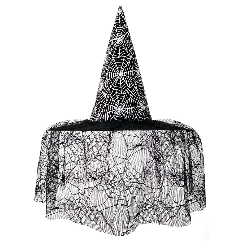 Adult Witch Hat Halloween Costume Accessory with Spider Web Lace Veil