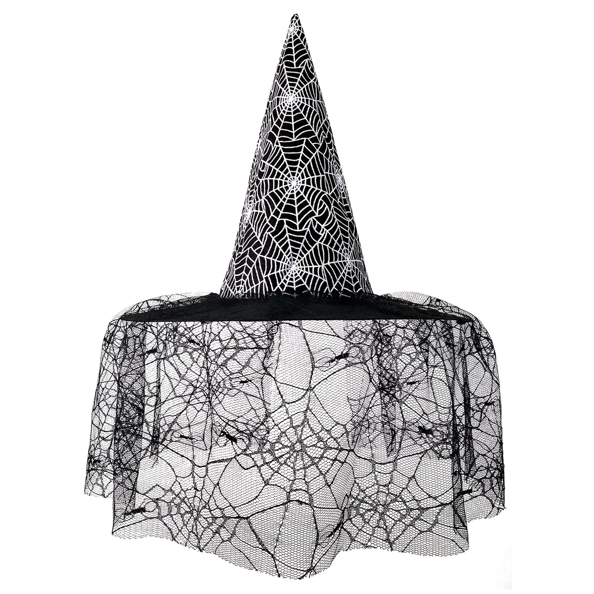 Witch Hat with Spider Web Lace Veil Adult in Spider Web Lace