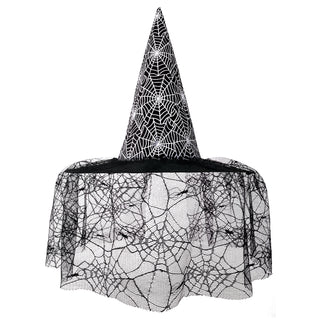 Witch Hat with Spider Web Lace Veil Adult in Spider Web Lace
