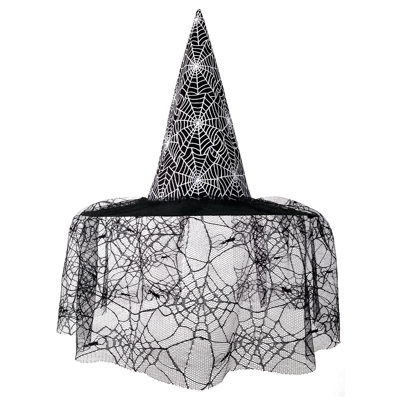 Adult Witch Hat Halloween Costume Accessory with Spider Web Lace Veil