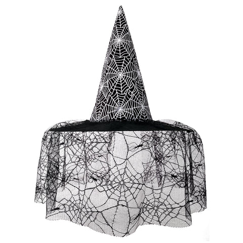 Adult Witch Hat Halloween Costume Accessory with Spider Web Lace Veil