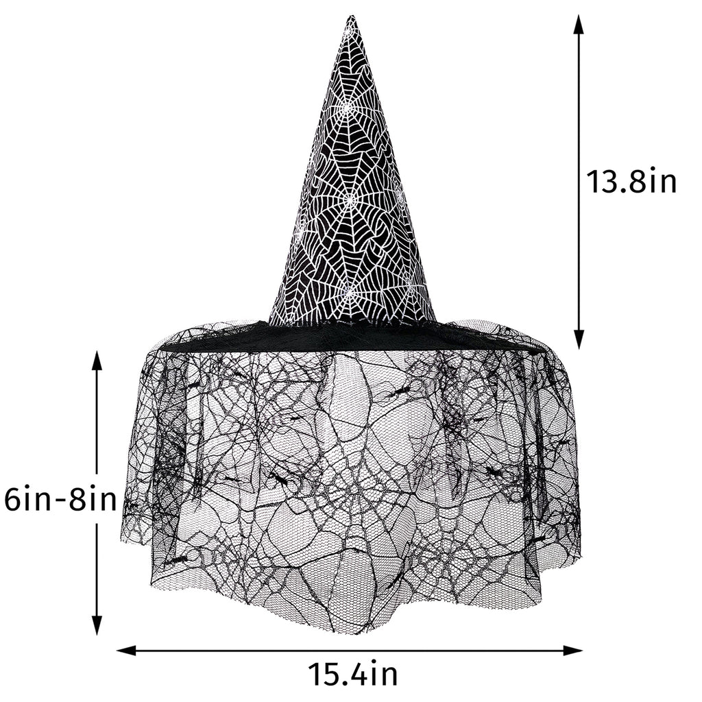Adult Witch Hat Halloween Costume Accessory with Spider Web Lace Veil
