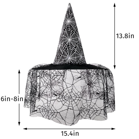 Adult Witch Hat Halloween Costume Accessory with Spider Web Lace Veil