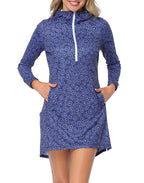 Navy Ditsy Floral Beach Coverup Long Sleeve Swim Dress with Hood