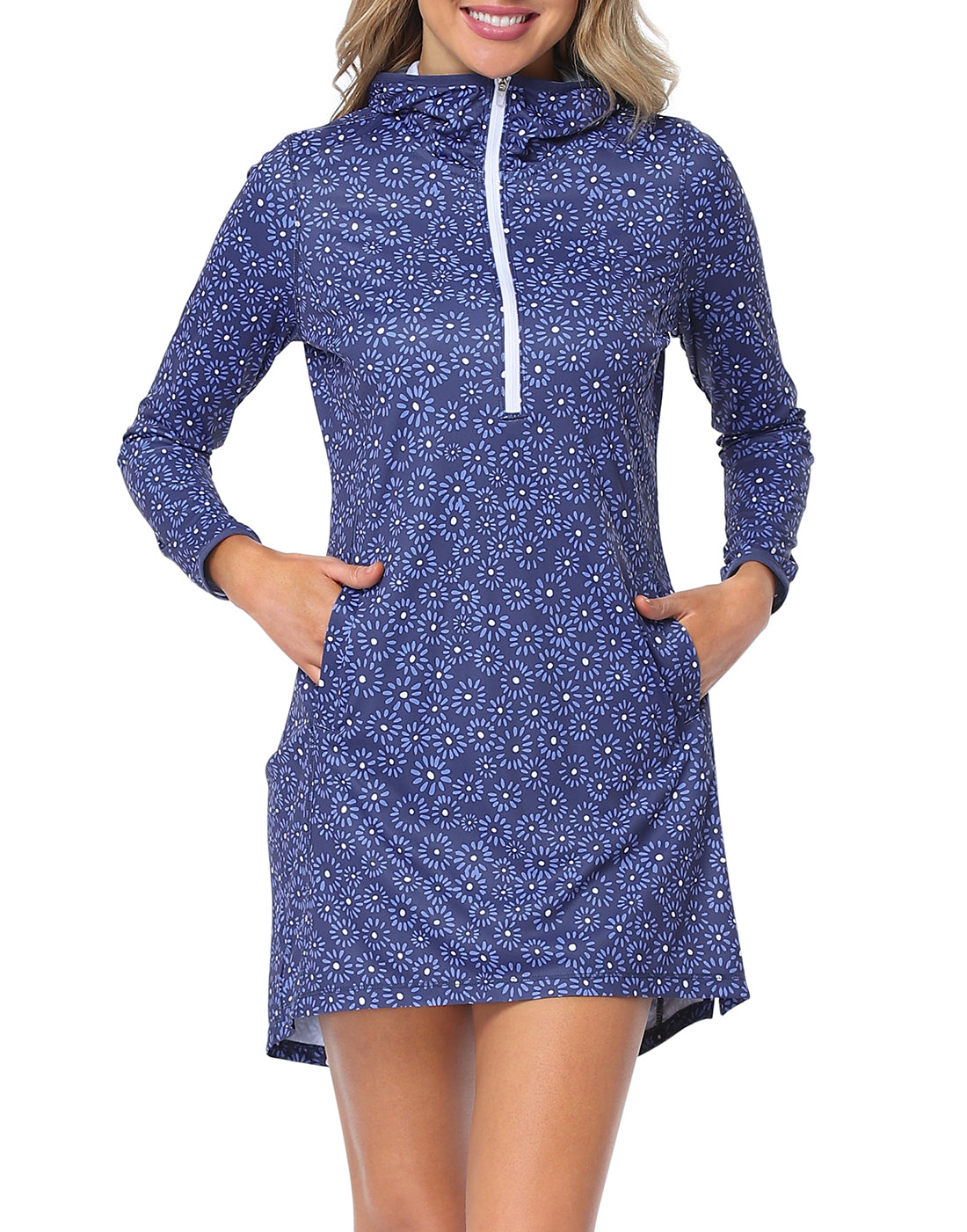 Navy Ditsy Floral Beach Coverup Long Sleeve Swim Dress with Hood
