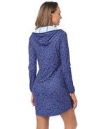 Navy Ditsy Floral Beach Coverup Long Sleeve Swim Dress with Hood