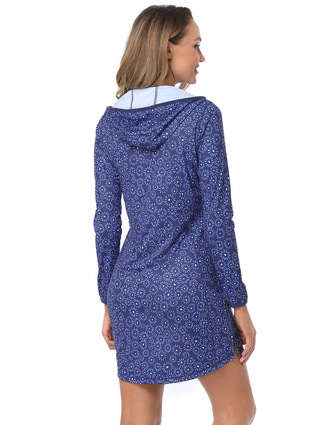 Navy Ditsy Floral Beach Coverup Long Sleeve Swim Dress with Hood