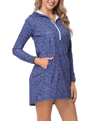 Navy Floral Hooded Beach Cover Up Swim Dress in Navy Ditsy Floral