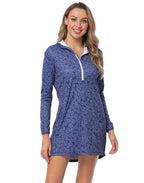 Navy Ditsy Floral Beach Coverup Long Sleeve Swim Dress with Hood