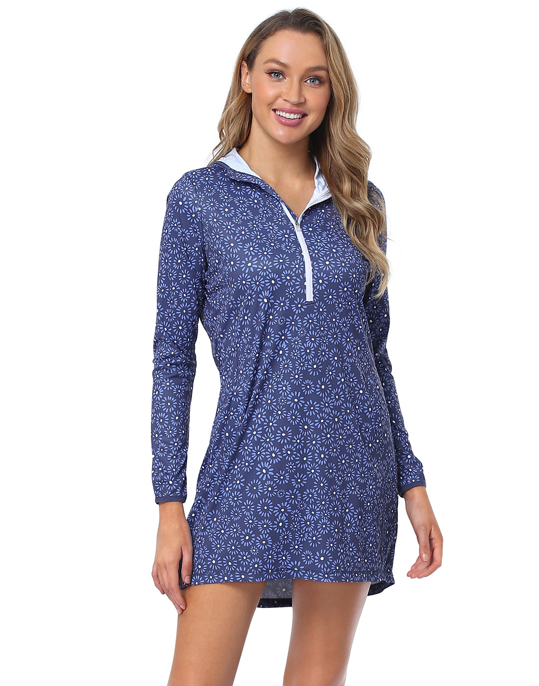 Navy Ditsy Floral Beach Coverup Long Sleeve Swim Dress with Hood