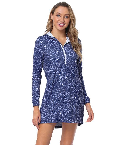 Navy Ditsy Floral Beach Coverup Long Sleeve Swim Dress with Hood